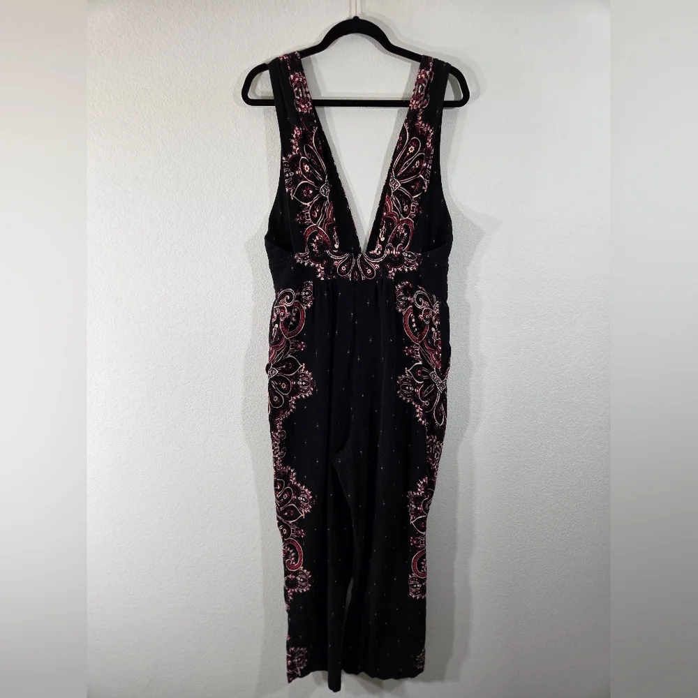 FREE PEOPLE Paisley Boho Plunge Neck Button Front Relaxed Cropped Leg Jumpsuit
